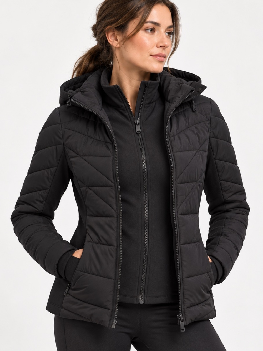 Bernardo EcoPlume Puffer Jacket Removable Hood Bib Black M